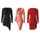 Long Sleeve Irregular Hem Shirred Sheath Dress