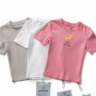 Moon Printing Short-sleeve Cropped T-shirt