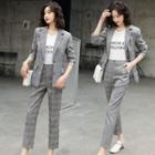 Set: Plaid Single-breasted Blazer + Cropped Straight-fit Pants