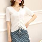 Short-sleeve Ribbed Drawstring Knit Top