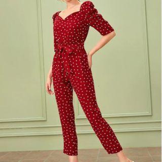 Elbow-sleeve Dotted Cropped Jumpsuit