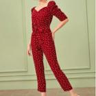 Elbow-sleeve Dotted Cropped Jumpsuit