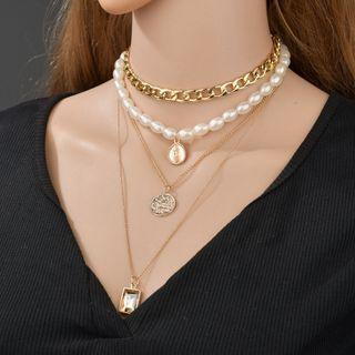 Faux Crystal Alloy Pendant Faux Pearl Layered Necklace As Shown In Figure - One Size
