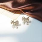 Bow Rhinestone Faux Pearl Earring 1 Pair - Silver Rhinestone - Gold - One Size