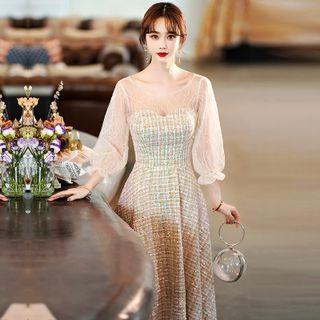 Puff-sleeve Tweed A-line Evening Gown