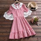 Short-sleeve Plaid Embroidered Collar A-line Dress