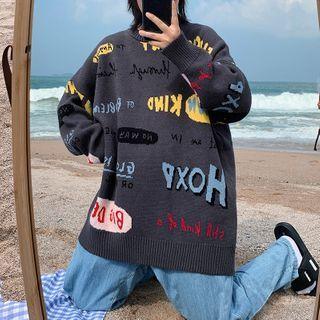 Lettering Printed Over-sized Knitted Sweater