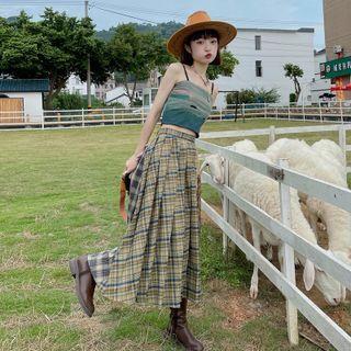 Printed Camisole Top + Plaid A-line Midi Skirt