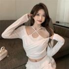 Long-sleeve Mock Two-piece Strappy Cropped T-shirt White - One Size