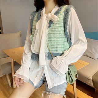 Plaid Fringed Trim Knit Vest / Lace Trim Blouse / Lace Open Front Jacket