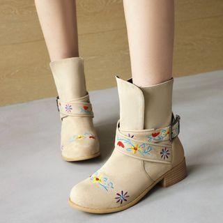 Chunky-heel Embroidered Short Boots