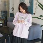 Lace-cuff Lettering Embroidered Sweatshirt