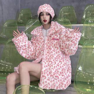 Set: Leopard Print Fleece Jacket + Chain Detail Beret Pink - One Size