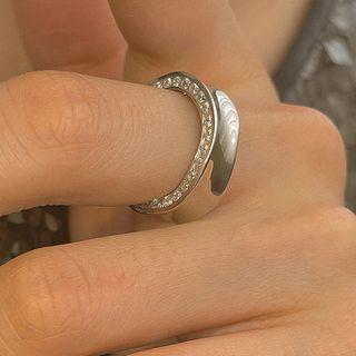 Wavy Polished Rhinestone Sterling Silver Open Ring T569 - Silver - One Size