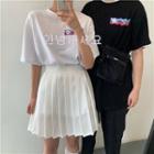 Couple Matching Elbow-sleeve Printed T-shirt / A-line Mini Pleated Skirt