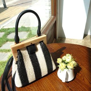 Wood-frame Woven Satchel Black - One Size