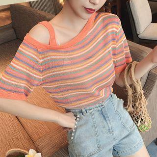 Rainbow Striped Cold-shoulder Top