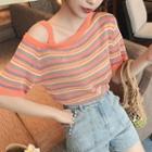Rainbow Striped Cold-shoulder Top