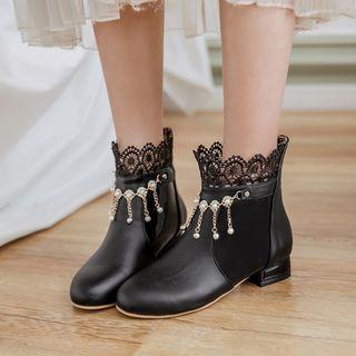 Beaded Lace-trim Ankle Boots