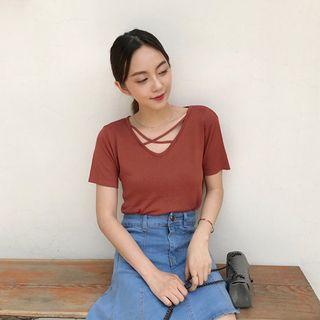 Cross Neck Short Sleeve Plain T-shirt