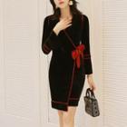 Long-sleeve Contrast-trim Bow-accent Mini Velvet Dress