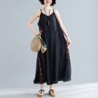 Spaghetti Strap Embroidered Wide Leg Jumpsuit Black - One Size