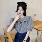 Puff-sleeve Floral Embroidered Gingham Check Blouse White & Blue - One Size
