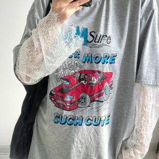 Long-sleeve Cartoon Print Lace Panel T-shirt