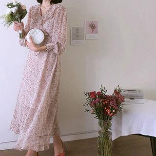 Ruffle-trim Floral Maxi Wrap Dress Light Beige - One Size