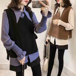 Set: Plain Shirt + Tie-side Sweater Vest