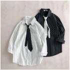 3/4 Sleeve Pinstripe Shirt With Tie