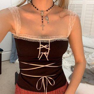 Lace-strap Lace-up Bow-accent Ruffled-trim Crop Camisole Top