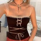 Lace-strap Lace-up Bow-accent Ruffled-trim Crop Camisole Top