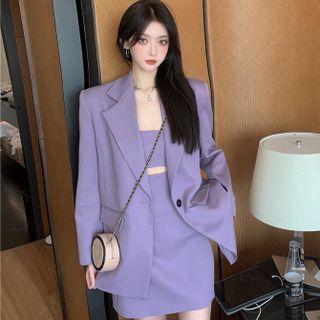 Plain Single-button Blazer / Spaghetti Strap Cut-out Mini Sheath Dress