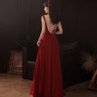 Sleeveless Faux Pearl Strap A-line Evening Gown