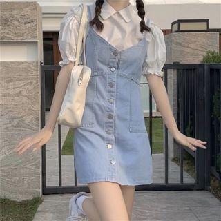 Puff-sleeve Shirt + V-neck Denim Overall Dress