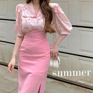 Short-sleeve Print Blouse / Midi Skirt