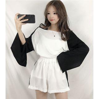 Long-sleeve Two-tone Top / Wide-leg Shorts