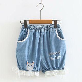 Lace-hem Cat Embroidered Denim Shorts Blue - One Size