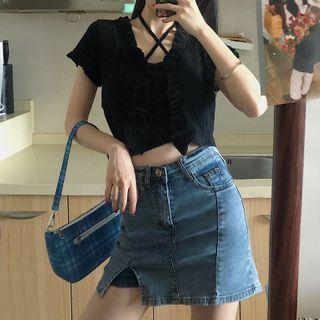 Cross Neck Camisole Top / Light Jacket / Denim Skort