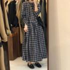Long-sleeve Plaid A-line Maxi Dress Plaid - Black - One Size