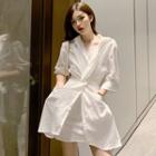 Set Of 2: Knotted 3/4-sleeve Shirt Dress + Spaghetti-strap Dress