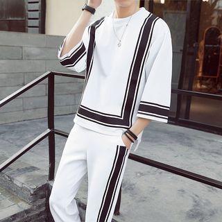 Set: 3/4-sleeve Color Block Sweatshirt + Sweatpants