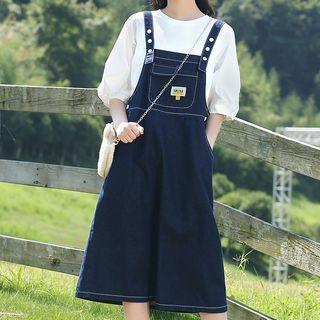 Elbow-sleeve Plain Blouse / Denim Midi Overall Dress / Set