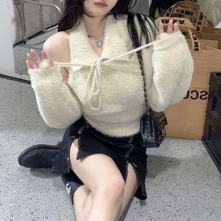 Knit Shrug / Halter-neck Camisole Top / Faux Leather Mini Skirt