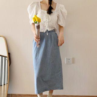 Square-neck Puff-sleeve Eyelet Blouse