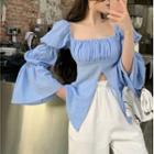 Puff-sleeve Square-neck Blouse Blue - One Size