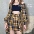 Set: Long-sleeve Off-shoulder Embroidered Crop Top + Plaid Mini A-line Skirt