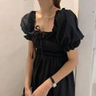 Square-neck Short-sleeve Mini A-line Dress Black - One Size