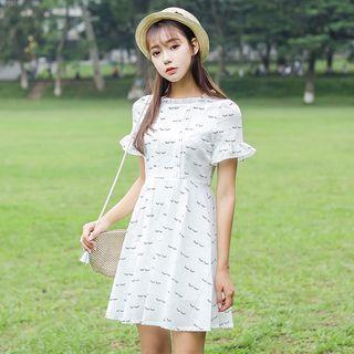 Short-sleeve Frill Trim Patterned A-line Dress